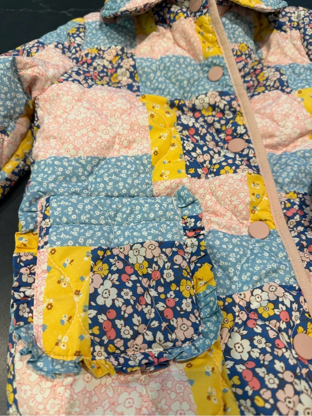 Mini Boden Quilted Patchwork Jacket - Pink, Blue & Yellow size 6/7